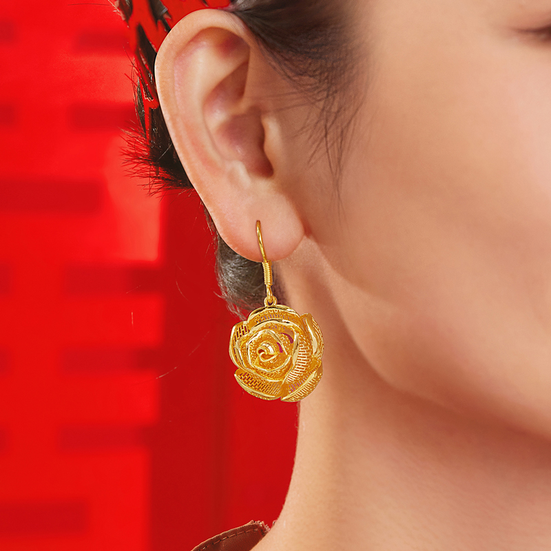 六福珠宝玫瑰嫣语黄金耳环女结婚三金耳饰花丝婚嫁计价F21G0032DS【1V1直播看货】