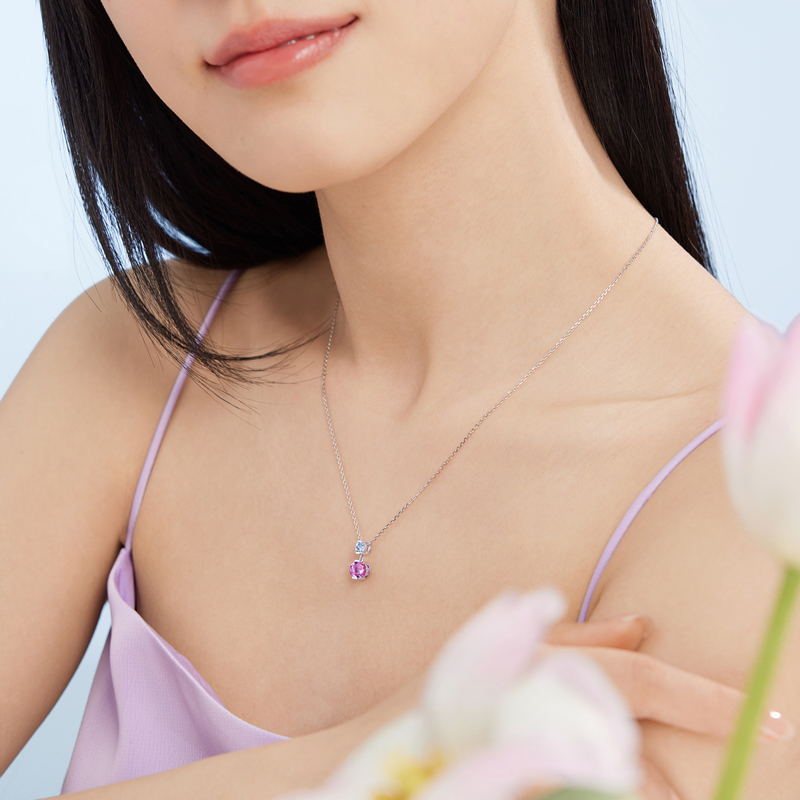 六福珠宝小樱桃铂金Pt950海蓝宝石项链女款FDJ0005DS【联系客服补货】铂金新品