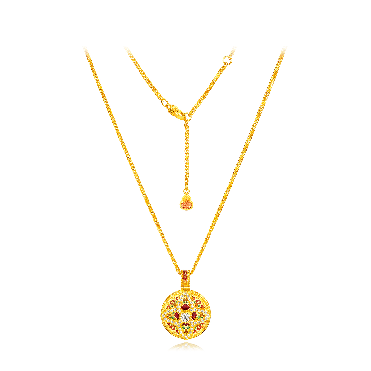 六福珠宝福满传家国色天香四方福泽黄金项链女镶钻石葫芦027012NA【联系客服补货】【1V1直播看货】