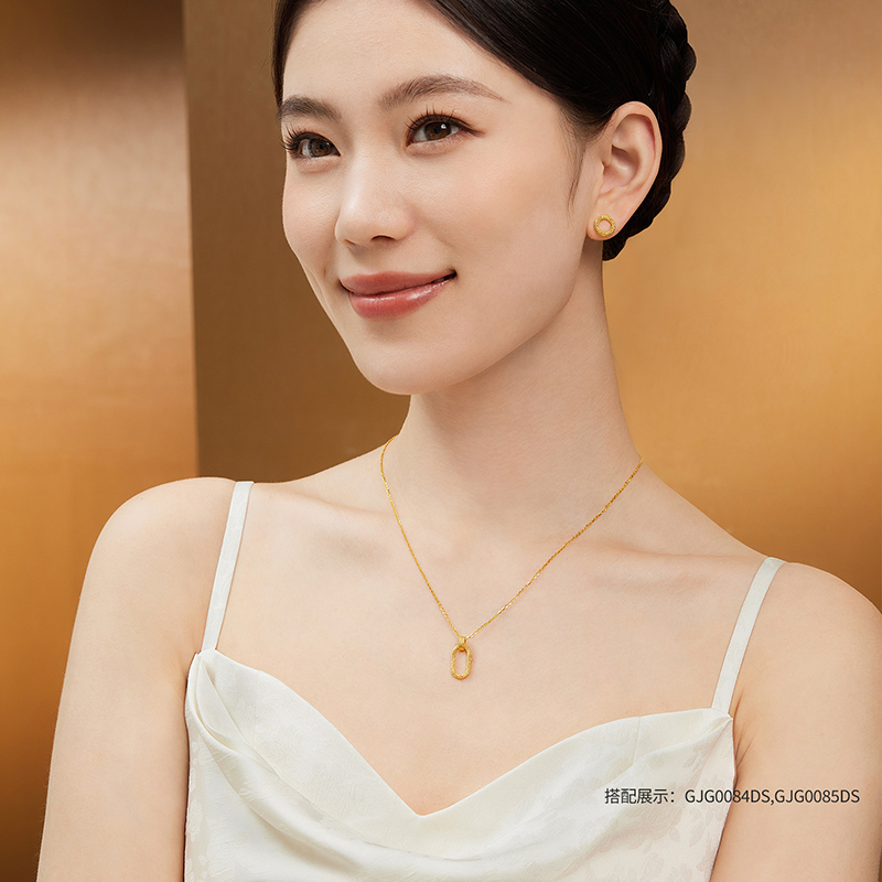 六福珠宝经典圆环黄金耳钉耳环女手工编织足金耳饰计价GJG0085DS