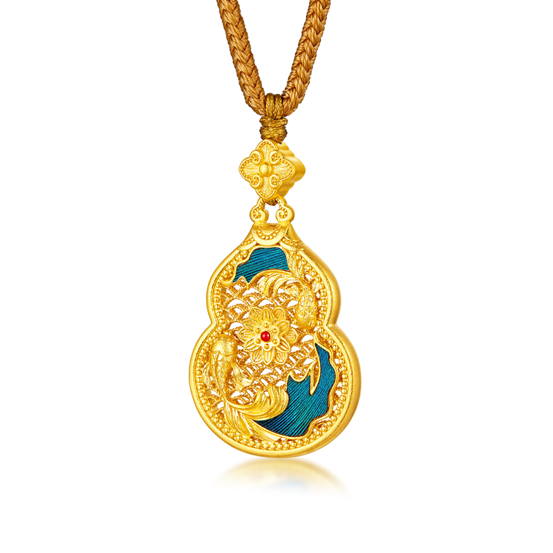 六福珠宝春晓双鱼戏莲黄金吊坠手工点羽花丝金葫芦计价HEG0042DS【1V1直播看货】母亲