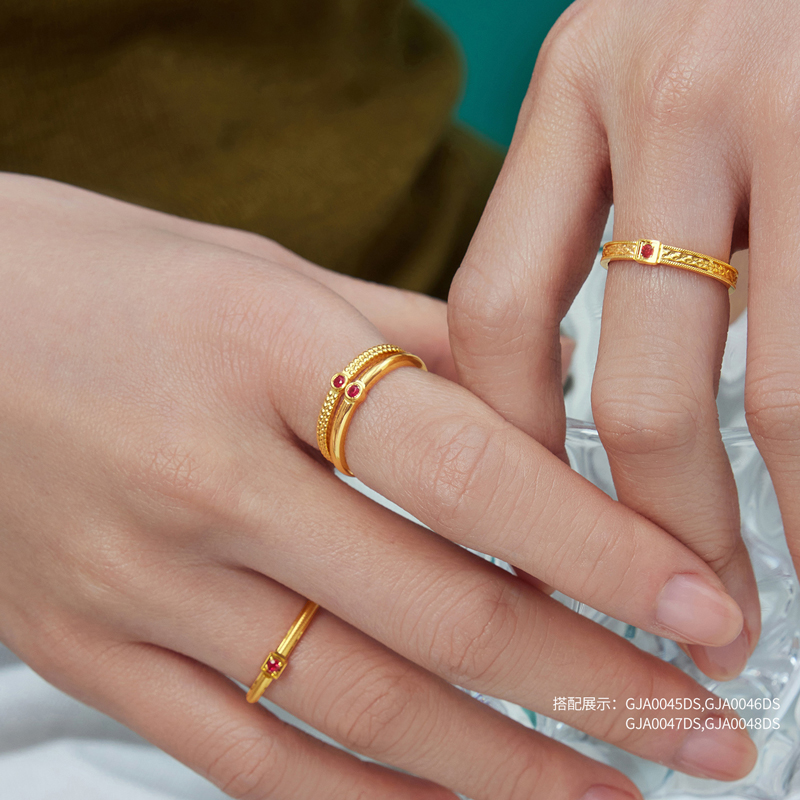 六福珠宝红宝意趣霓虹黄金戒指女款简约红宝石实心戒指GJA0046DS