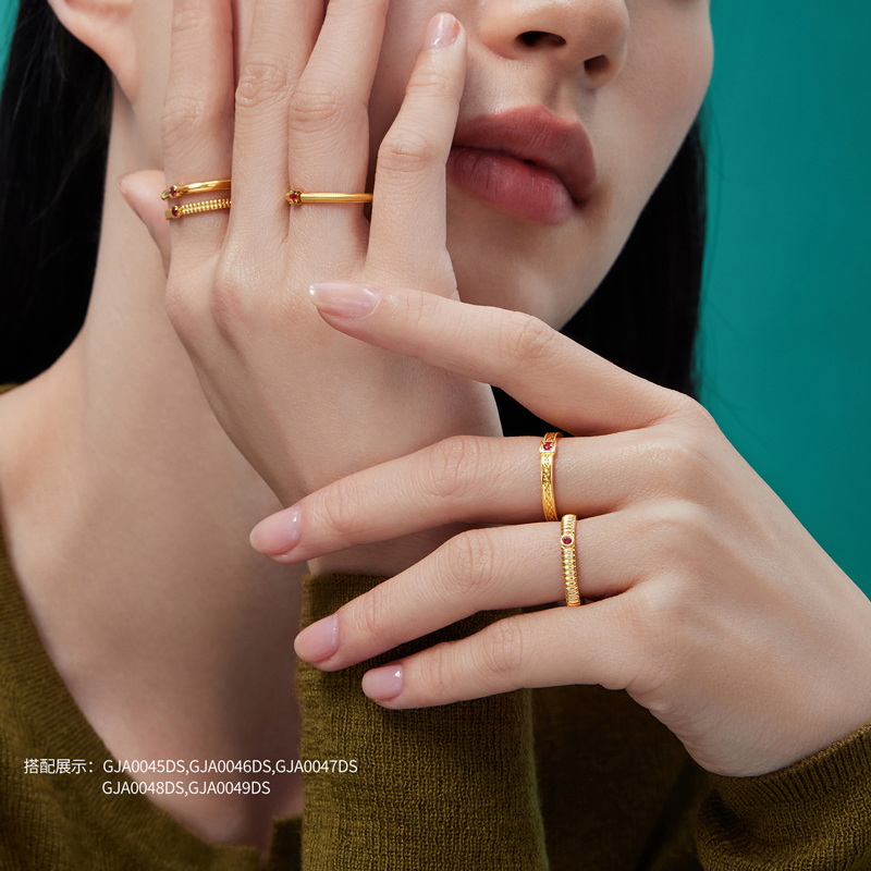 六福珠宝红宝意趣霓虹黄金戒指女款简约红宝石实心戒指GJA0046DS