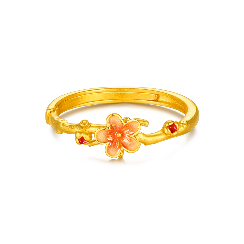 六福珠宝福满传家小桃花黄金戒指女款鎏彩工艺足金计价F96G0001DS