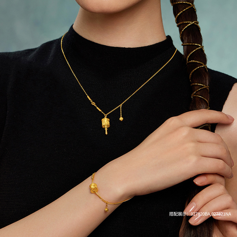 六福珠宝光影金藏式圆筒黄金手链女足金六字真言ab链计价027820BA