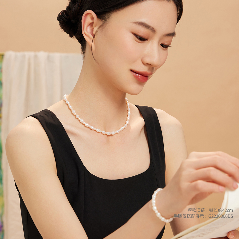 六福珠宝莹露淡水珍珠项链女款银扣4.5-6.5mm珍珠颈链G22J0007DS