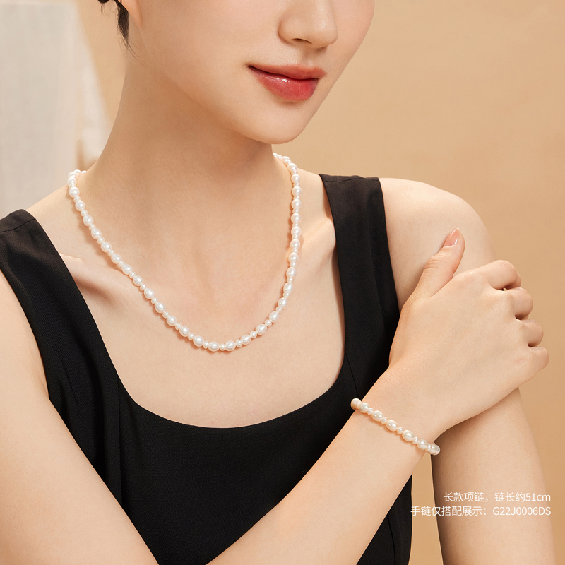 六福珠宝莹露淡水珍珠项链女款银扣4.5-6.5mm珍珠颈链G22J0007DS