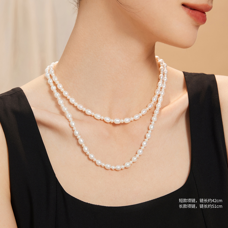六福珠宝莹露淡水珍珠项链女款银扣4.5-6.5mm珍珠颈链G22J0007DS