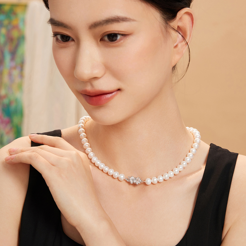 六福珠宝淡水珍珠项链女款Ag925银项链日常银饰锁骨链G04J0003DS