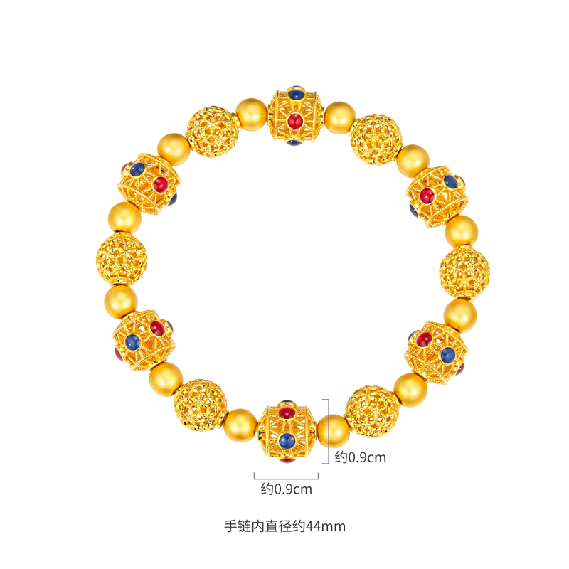六福珠宝鎏彩花丝球黄金手链女金珠手串镂空转运珠计价L19G0003DS【1V1直播看货】