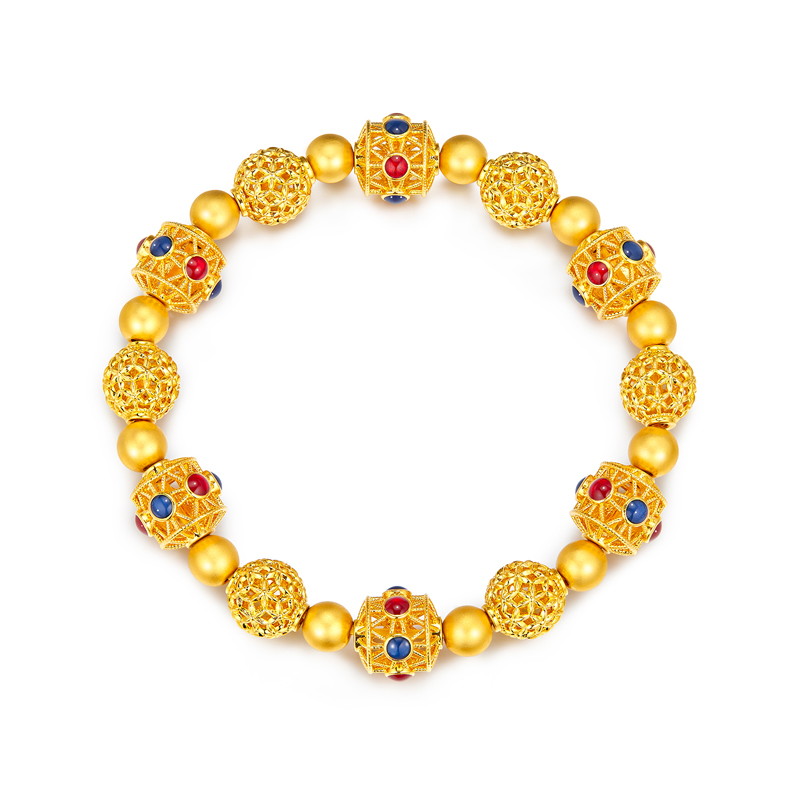 六福珠宝鎏彩花丝球黄金手链女金珠手串镂空转运珠计价L19G0003DS【1V1直播看货】