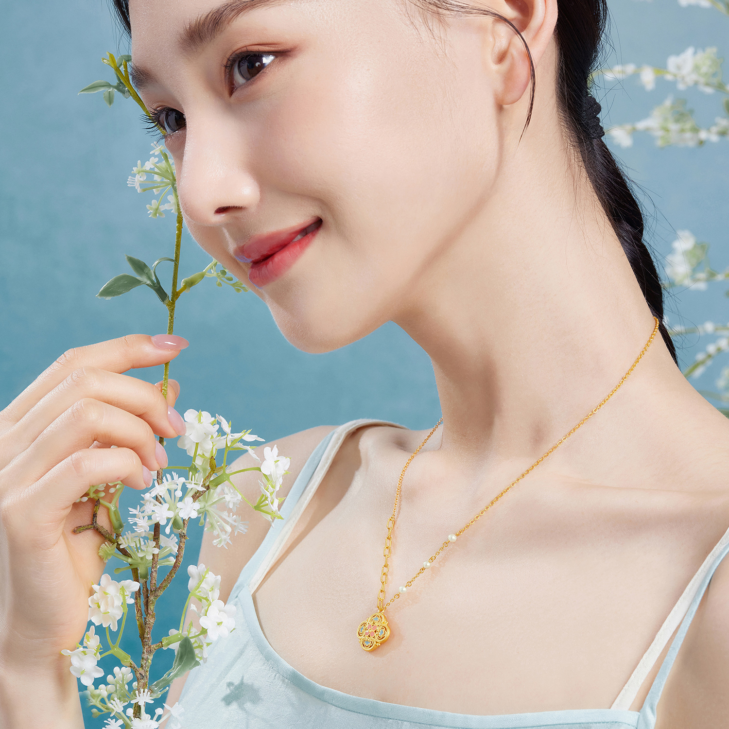 六福珠宝福满传家宋韵花开四喜黄金项链女珍珠AB链计价L07G0001DS【1V1直播看货】