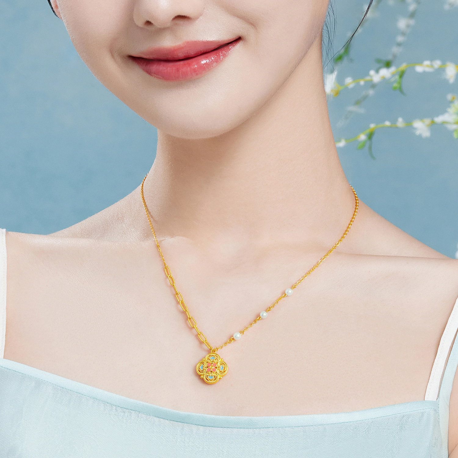 六福珠宝福满传家宋韵花开四喜黄金项链女珍珠AB链计价L07G0001DS【1V1直播看货】