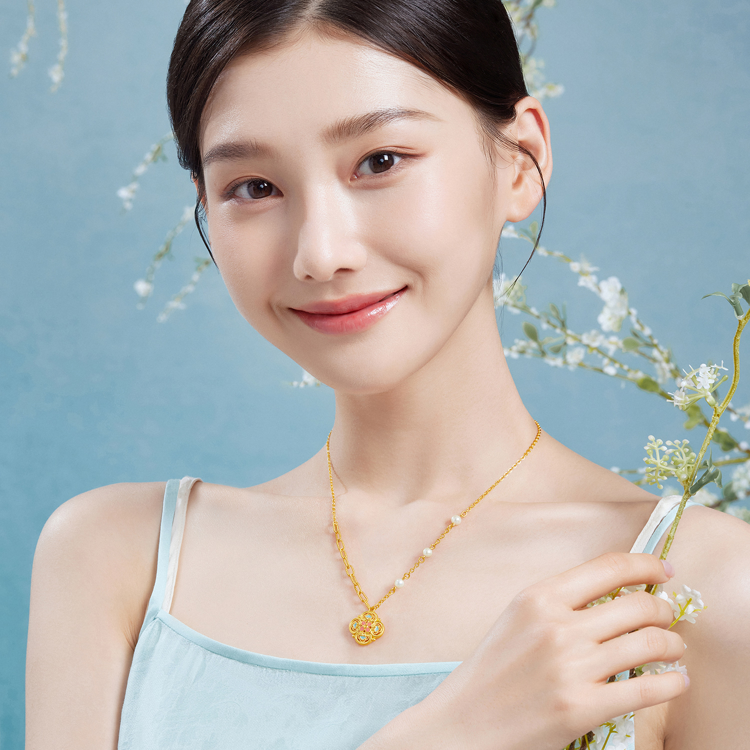 六福珠宝福满传家宋韵花开四喜黄金项链女珍珠AB链计价L07G0001DS【1V1直播看货】