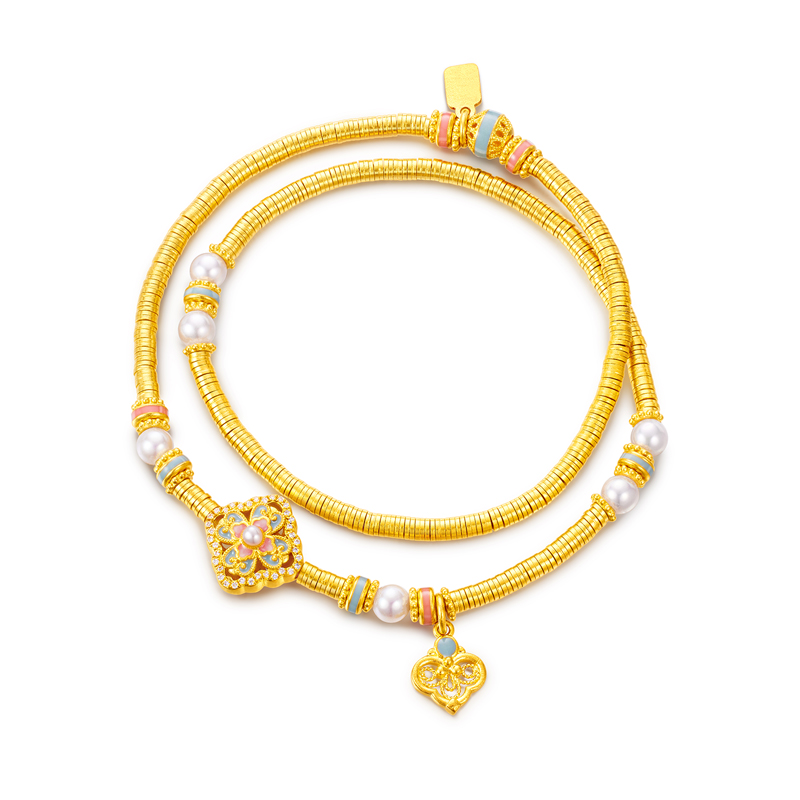 六福珠宝宋韵云青四合黄金手链钻石碎金珍珠双圈手串计价028788BB【1V1直播看货】