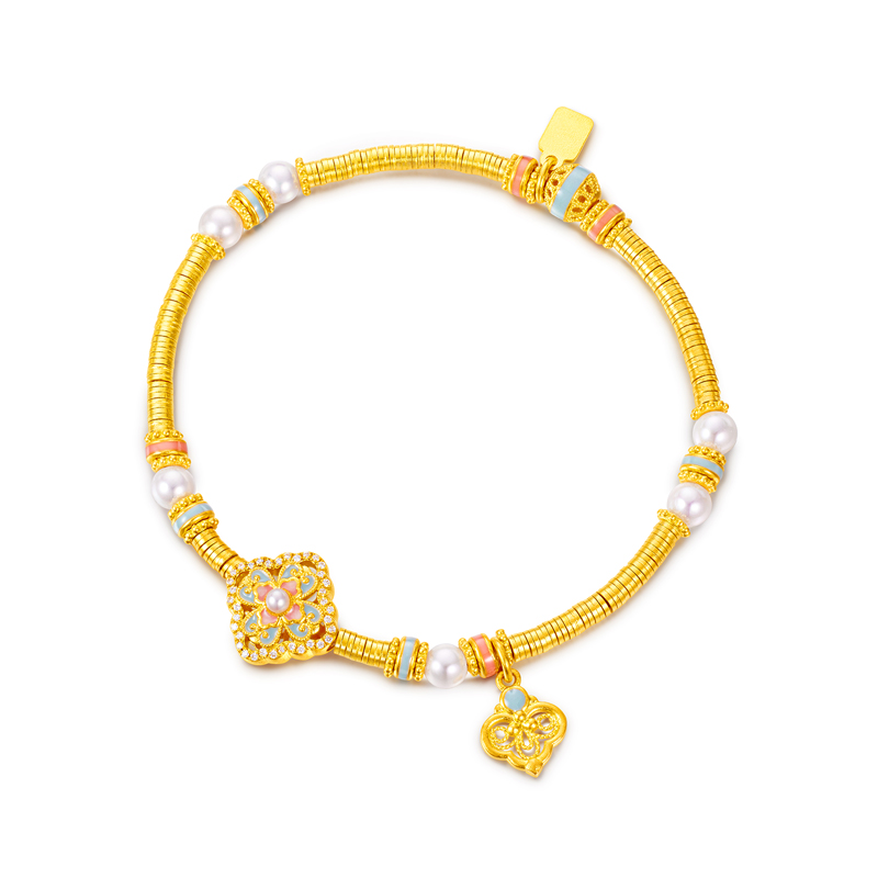 六福珠宝宋韵云青四合黄金手链钻石女碎金子珍珠手串计价028788BA【1V1直播看货】