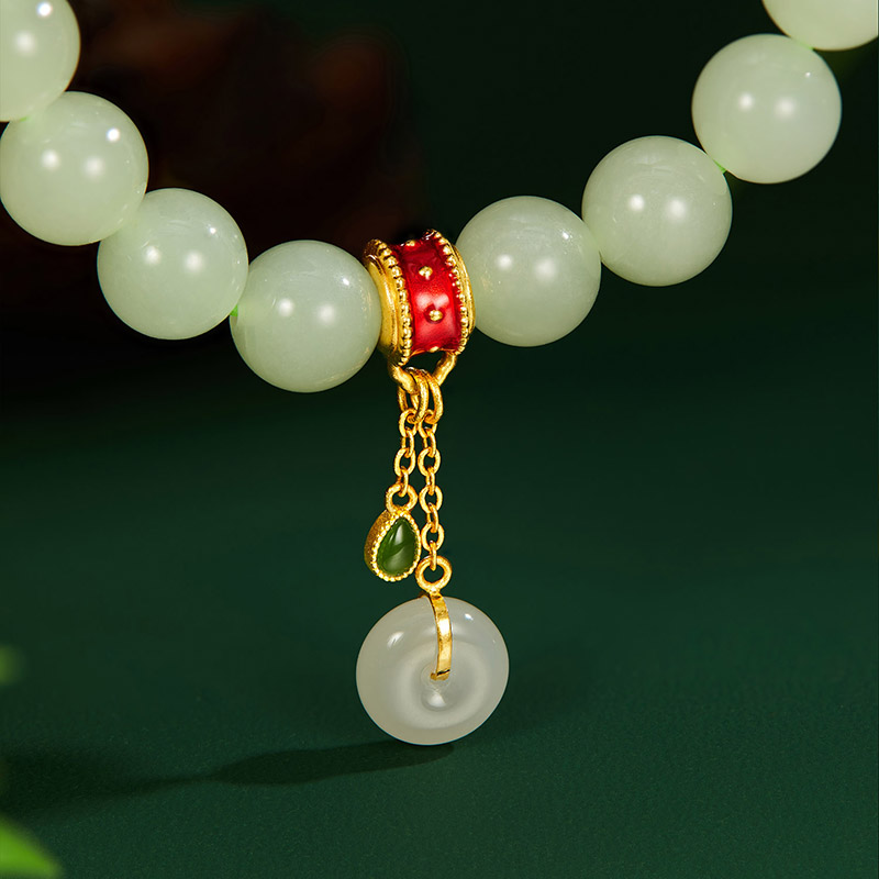 六福珠宝朱樱清影和田玉手串女款黄金串珠挂坠玉髓手链L74A0004DS