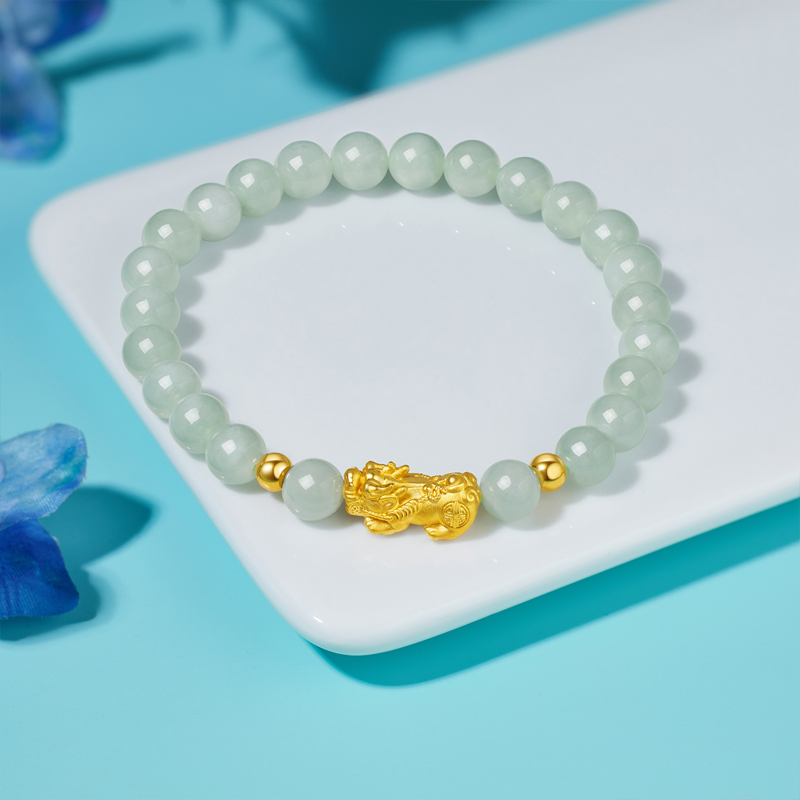 六福珠宝貔貅黄金转运珠手链女款5D硬金珠豆种翡翠手串A01A0007DS【联系客服补货】