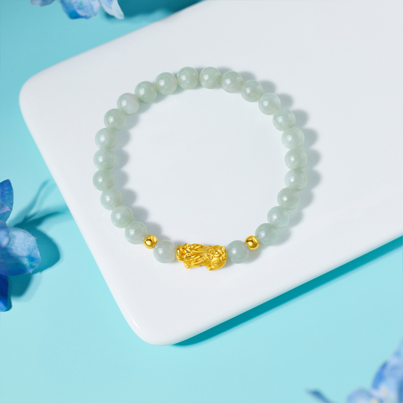 六福珠宝貔貅黄金转运珠手链女款5D硬金珠豆种翡翠手串A01A0007DS【联系客服补货】