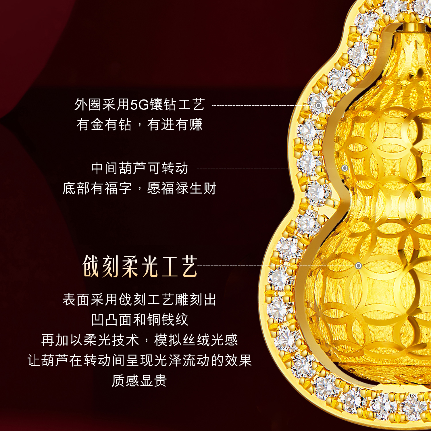 六福珠宝Goldstyle·X丝绒葫芦黄金吊坠女铜钱纹钻石挂坠027371PA【联系客服咨询】