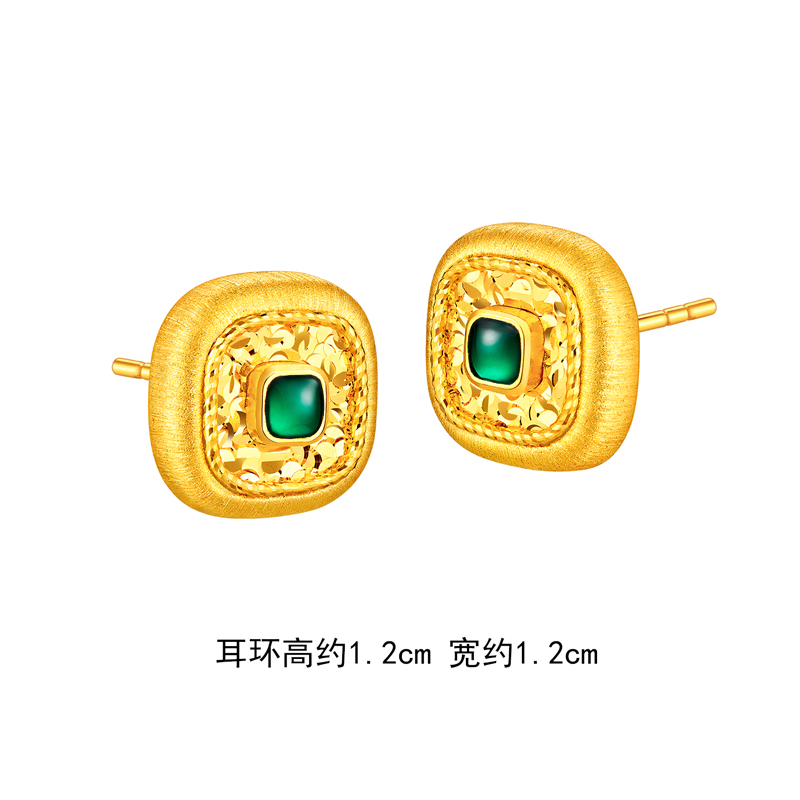 六福珠宝小方糖黄金耳钉耳环女款时尚拉丝碎碎冰耳饰计价021698EA【联系客服补货】