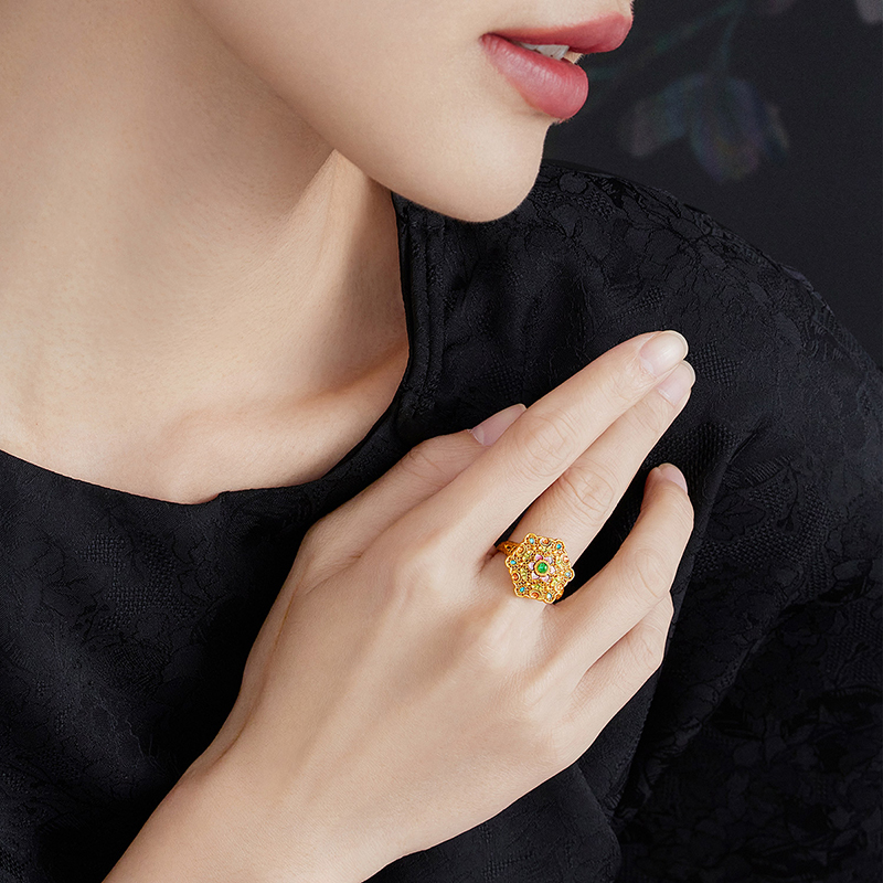 六福珠宝福满传家花开满堂黄金戒指手工螺钿鎏彩计价L17TBGR0007