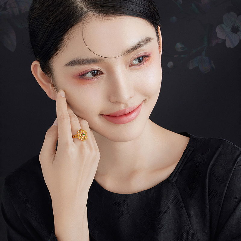 六福珠宝福满传家花开满堂黄金戒指手工螺钿鎏彩计价L17TBGR0007