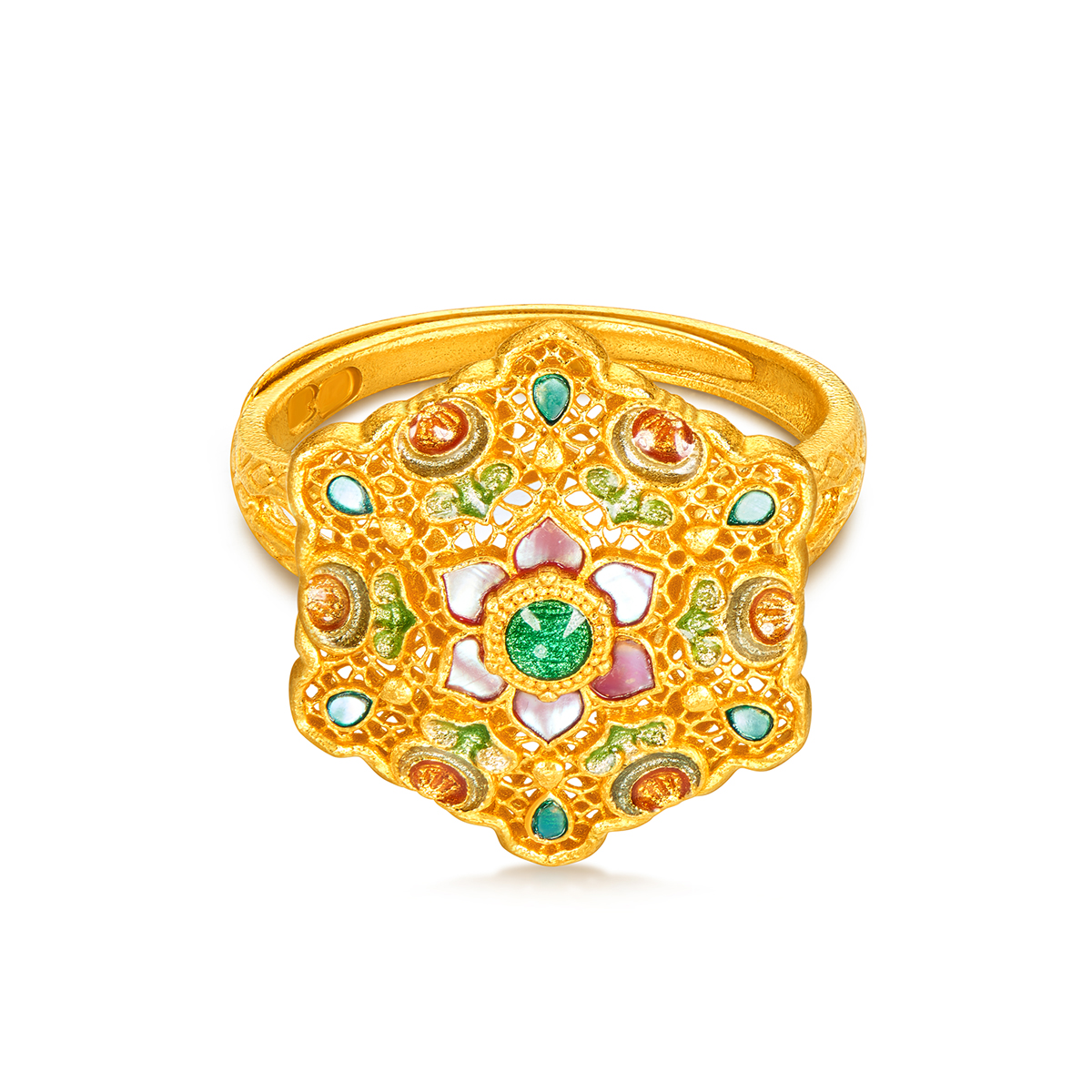 六福珠宝福满传家花开满堂黄金戒指手工螺钿鎏彩计价L17TBGR0007