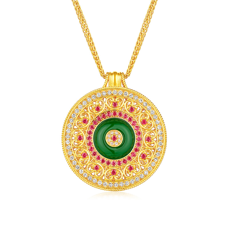 六福珠宝福满传家唐潮平和安宁黄金项链钻石女翡翠红宝石023915NA【联系客服补货】