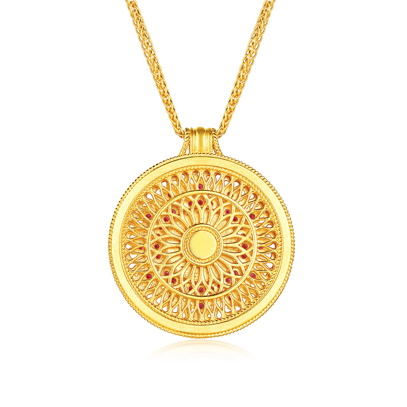 六福珠宝福满传家唐潮平和安宁黄金项链钻石女翡翠红宝石023915NA【联系客服补货】