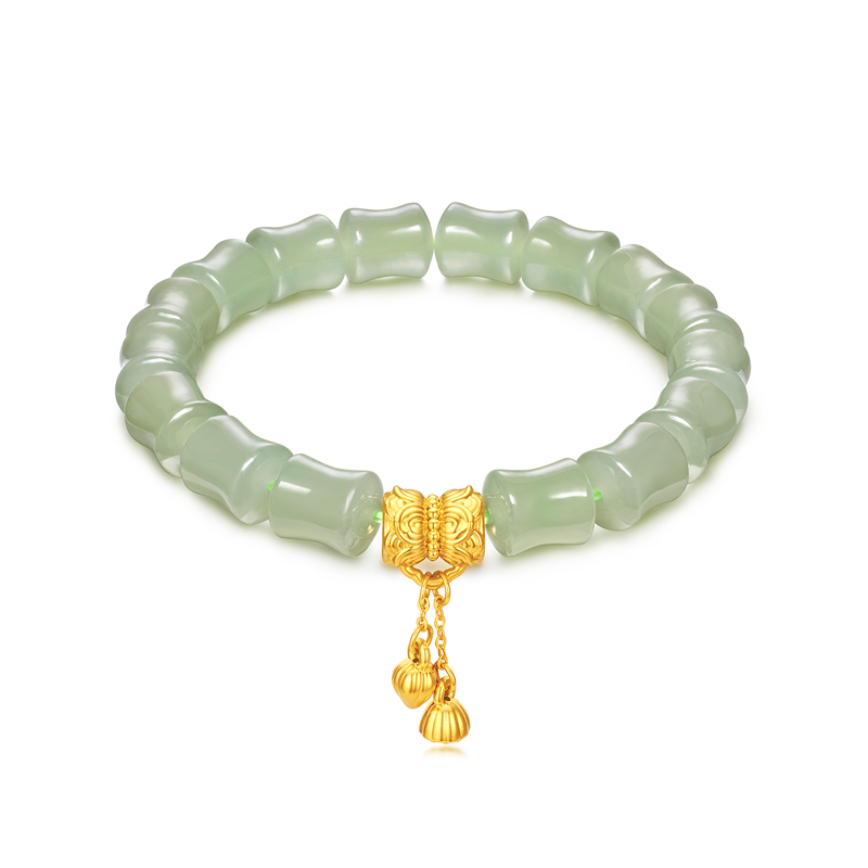 六福珠宝荷荷美美黄金转运珠手链女竹节和田玉莲花手串L28A0001DS