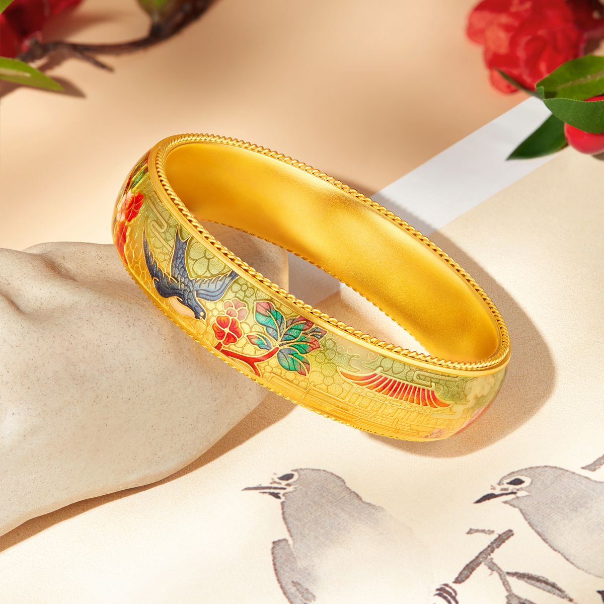 六福珠宝福满传家春燕报喜黄金手镯实心鎏彩工艺计价F41TBGB0023【联系客服补货】