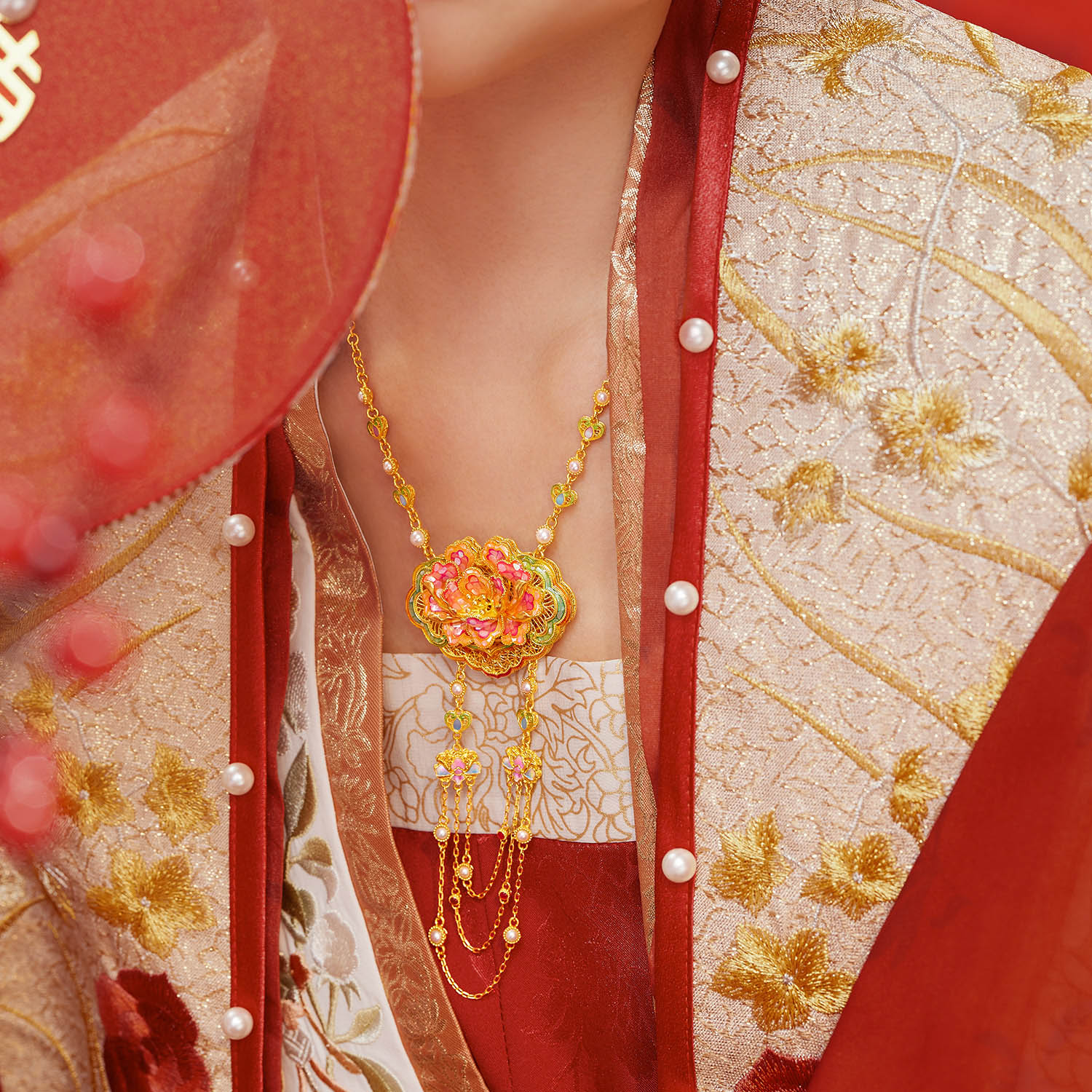 六福珠宝福满传家牡丹黄金项链女珍珠足金手工点螺计价L17G0005DS【联系客服补货】【视频看货】