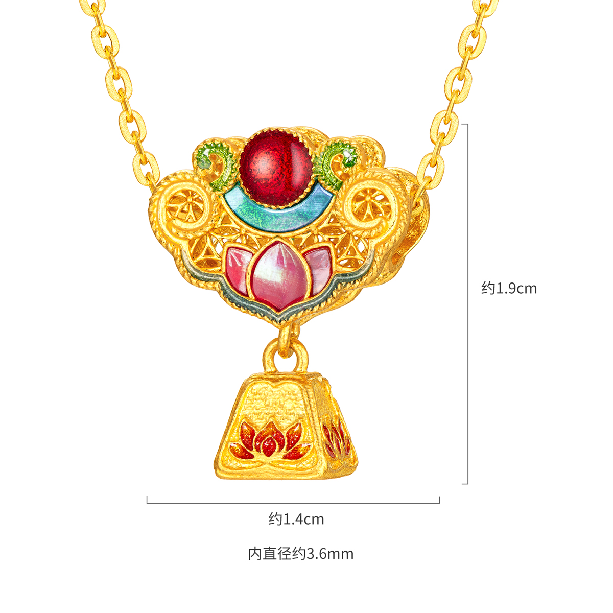 六福珠宝荷月佳期黄金吊坠女手工螺钿鎏彩莲花挂坠计价L17G0002DS