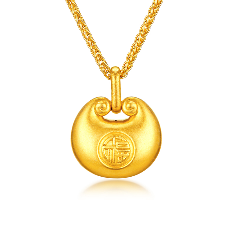 六福珠宝超轻金钻如意小胖福黄金吊坠女款钻石挂坠红宝石027833PA