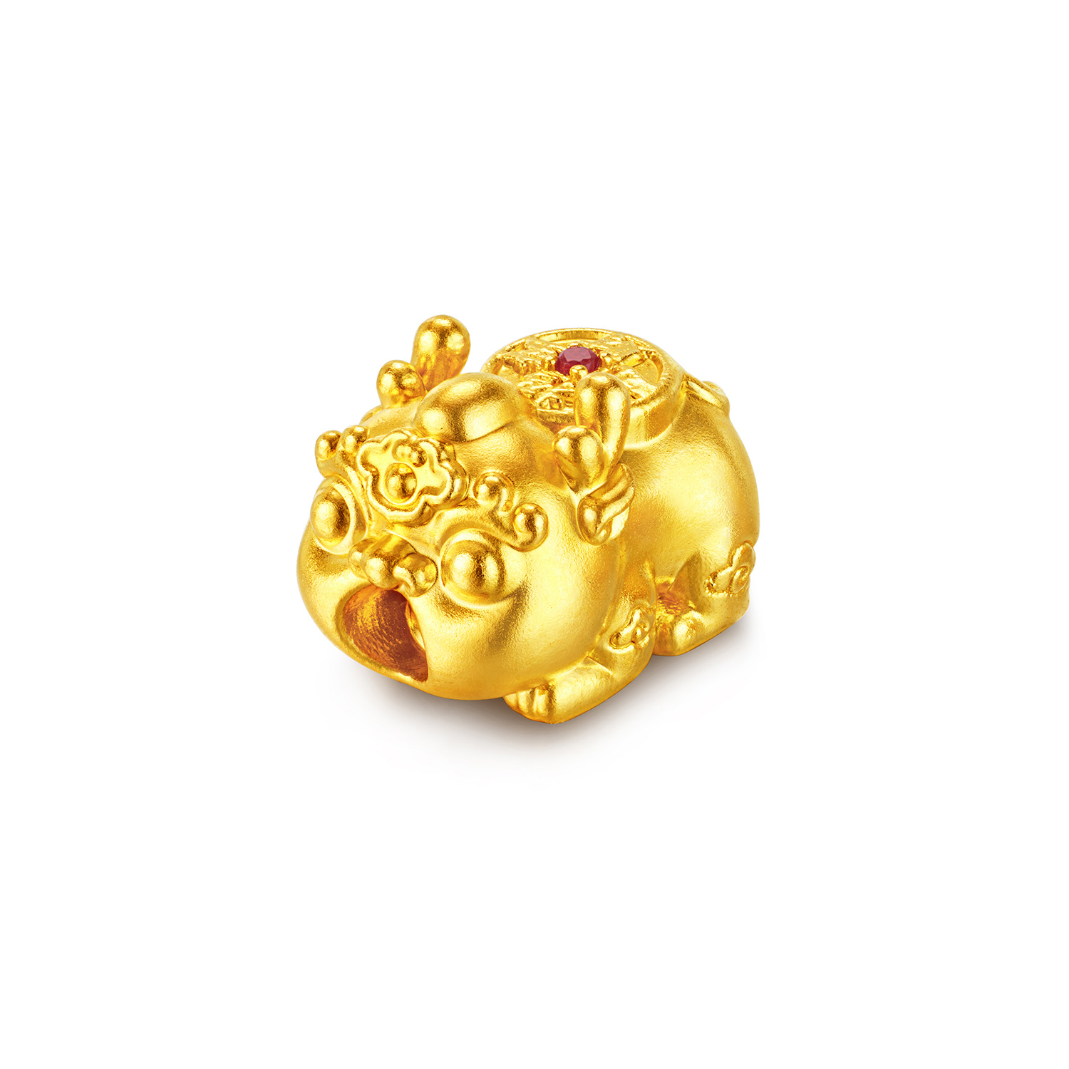 六福珠宝运财貔貅黄金转运珠女款5D硬金铜钱红宝石手串珠028037PA