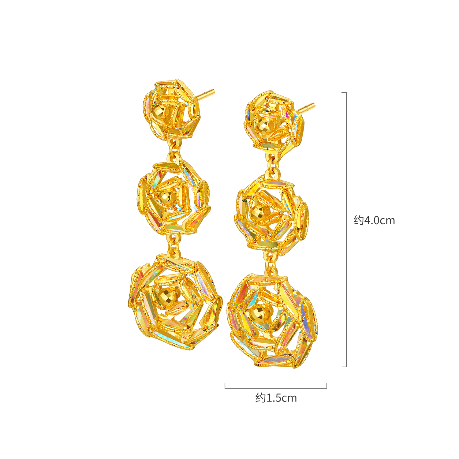 六福珠宝光影金冰·钻玫瑰炫彩黄金足金耳环手工金线女款029591EA【联系客服补货】