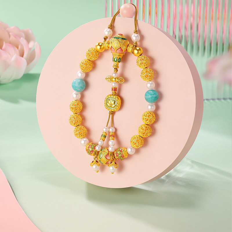 六福珠宝福满传家蓝月清莲花黄金手链长石手串压襟计价F63G0044DS【视频看货】