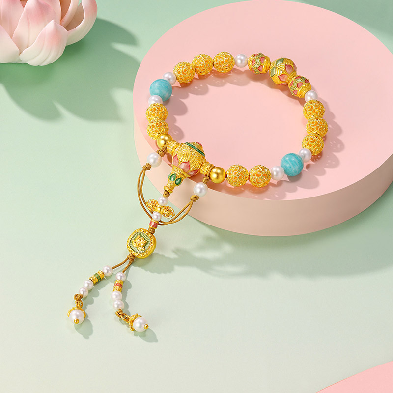 六福珠宝福满传家蓝月清莲花黄金手链长石手串压襟计价F63G0044DS【视频看货】