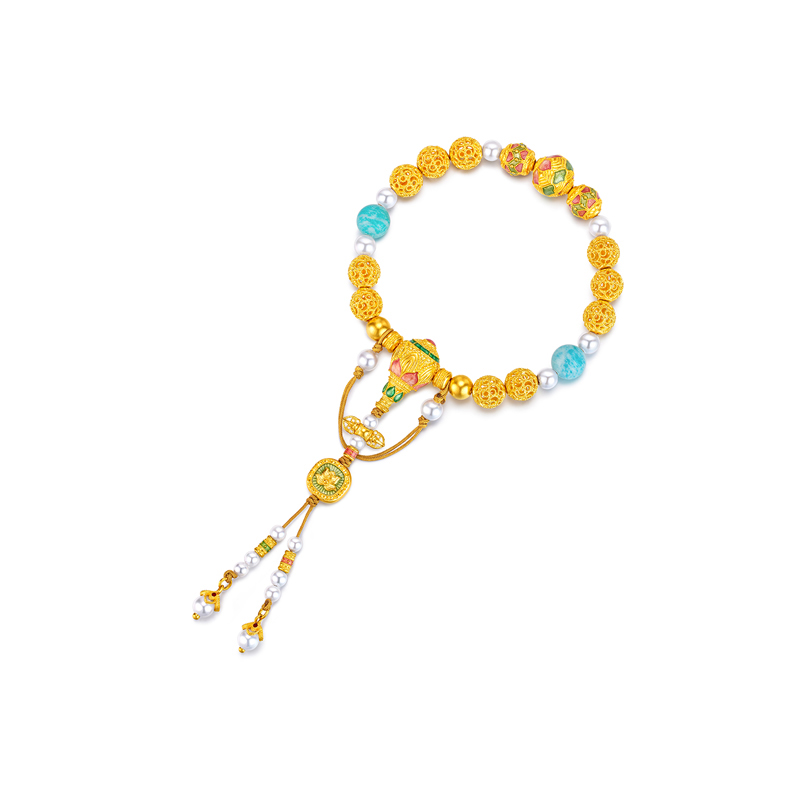 六福珠宝福满传家蓝月清莲花黄金手链长石手串压襟计价F63G0044DS【视频看货】