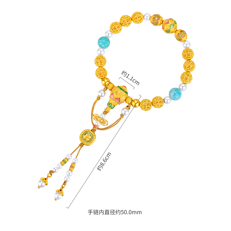 六福珠宝福满传家蓝月清莲花黄金手链长石手串压襟计价F63G0044DS【视频看货】