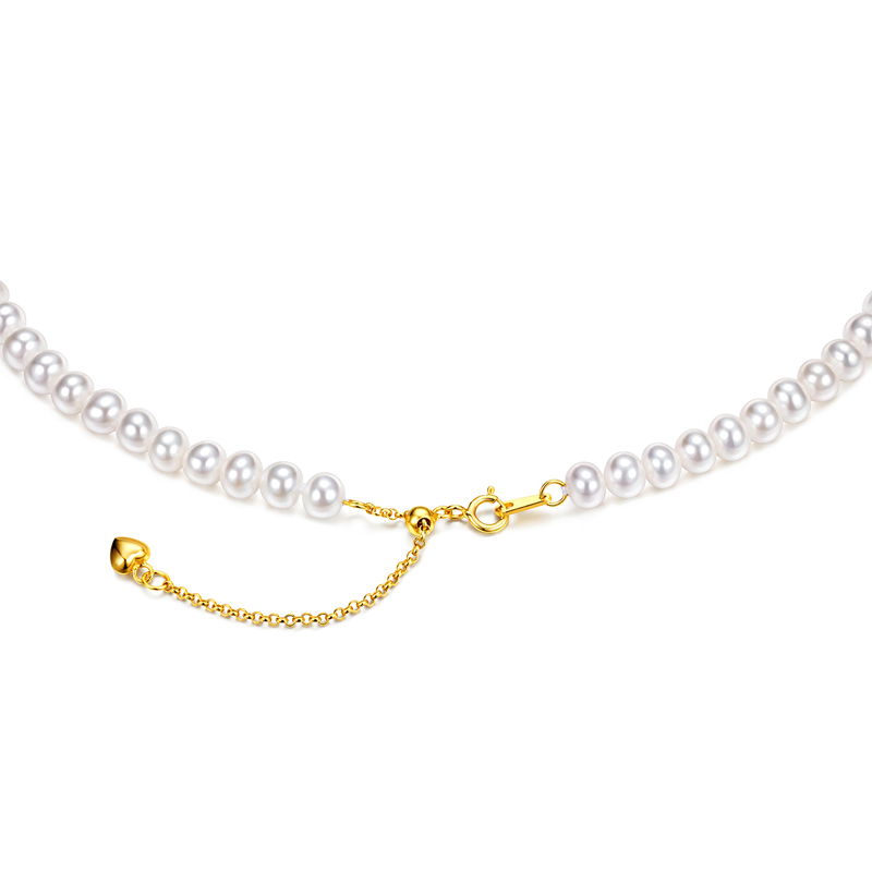 六福珠宝青黛淡水珍珠项链女款Ag925银饰和田玉石颈链F64J0001DS珍品