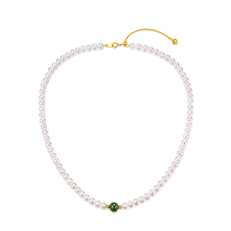 六福珠宝青黛淡水珍珠项链女款Ag925银饰和田玉石颈链F64J0001DS珍品