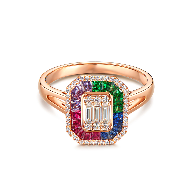 六福珠宝七彩菱方18k金戒指女款钻石戒指红蓝宝石首饰G02J0007DS【联系客服补货】【视频看货】