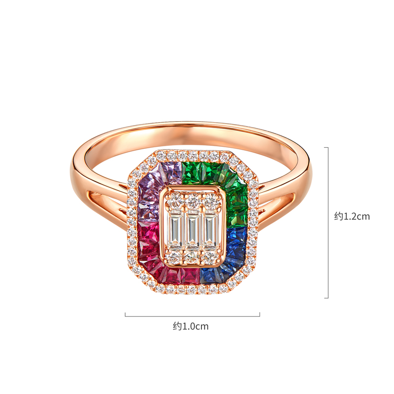 六福珠宝七彩菱方18k金戒指女款钻石戒指红蓝宝石首饰G02J0007DS【联系客服补货】【视频看货】