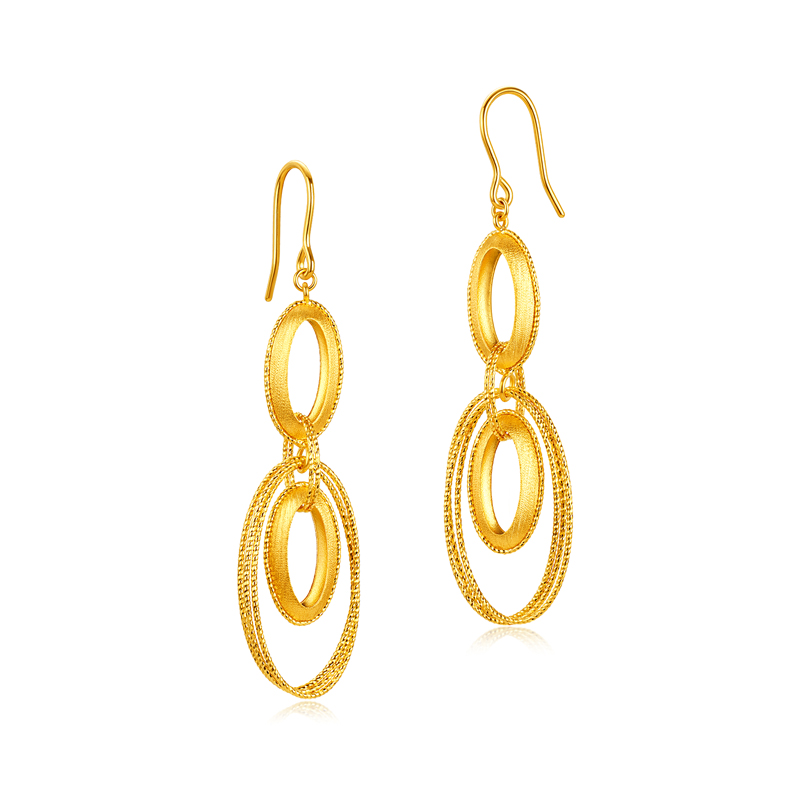 六福珠宝光影金环环相扣黄金耳环耳坠女椭圆足金耳饰计价020563EA【视频看货】