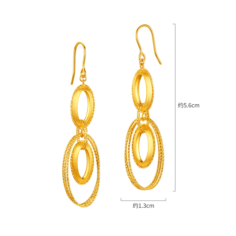 六福珠宝光影金环环相扣黄金耳环耳坠女椭圆足金耳饰计价020563EA【视频看货】