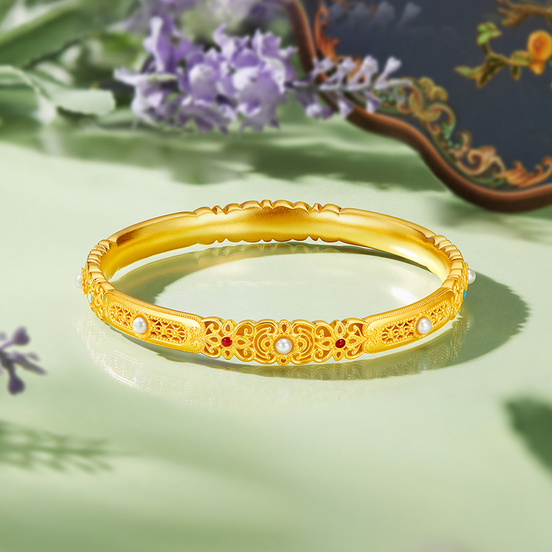 六福珠宝福满传家花曼黄金手镯女珍珠花丝金镯子计价G21TBGB0040【联系客服补货】【视频看货】