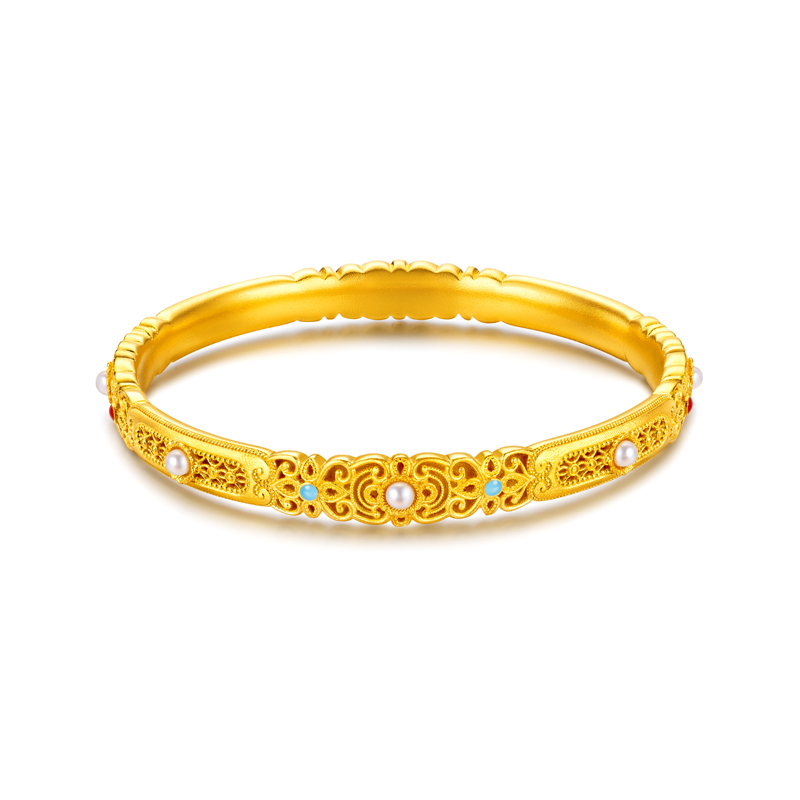 六福珠宝福满传家花曼黄金手镯女珍珠花丝金镯子计价G21TBGB0040【联系客服补货】【视频看货】