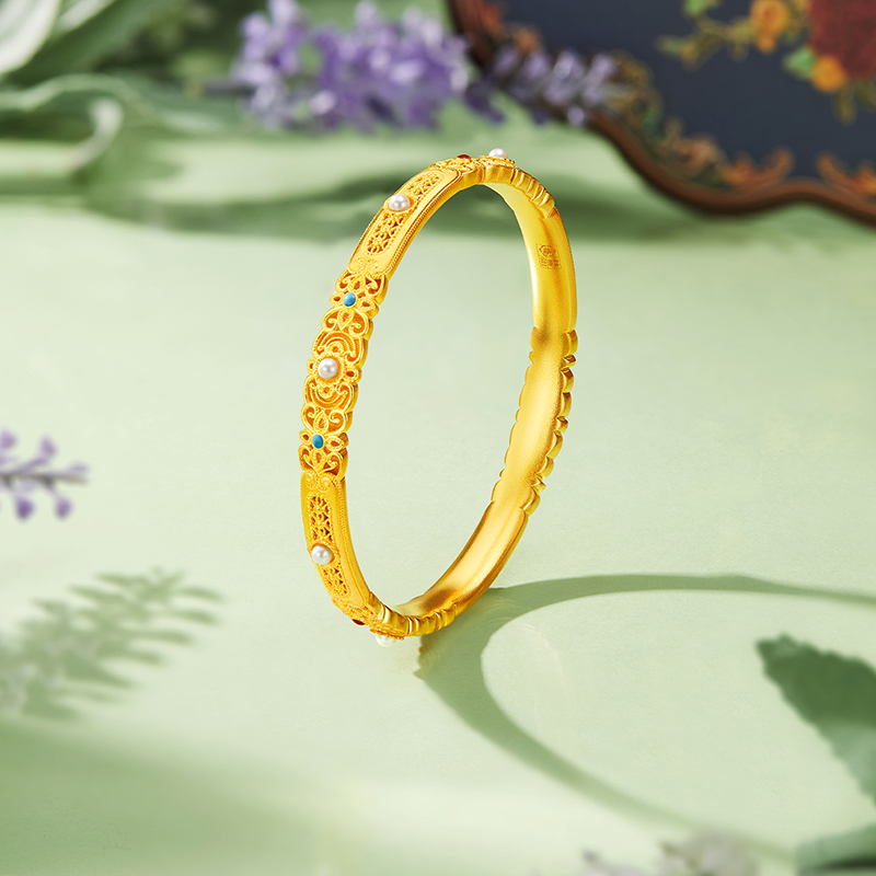 六福珠宝福满传家花曼黄金手镯女珍珠花丝金镯子计价G21TBGB0040【联系客服补货】【视频看货】